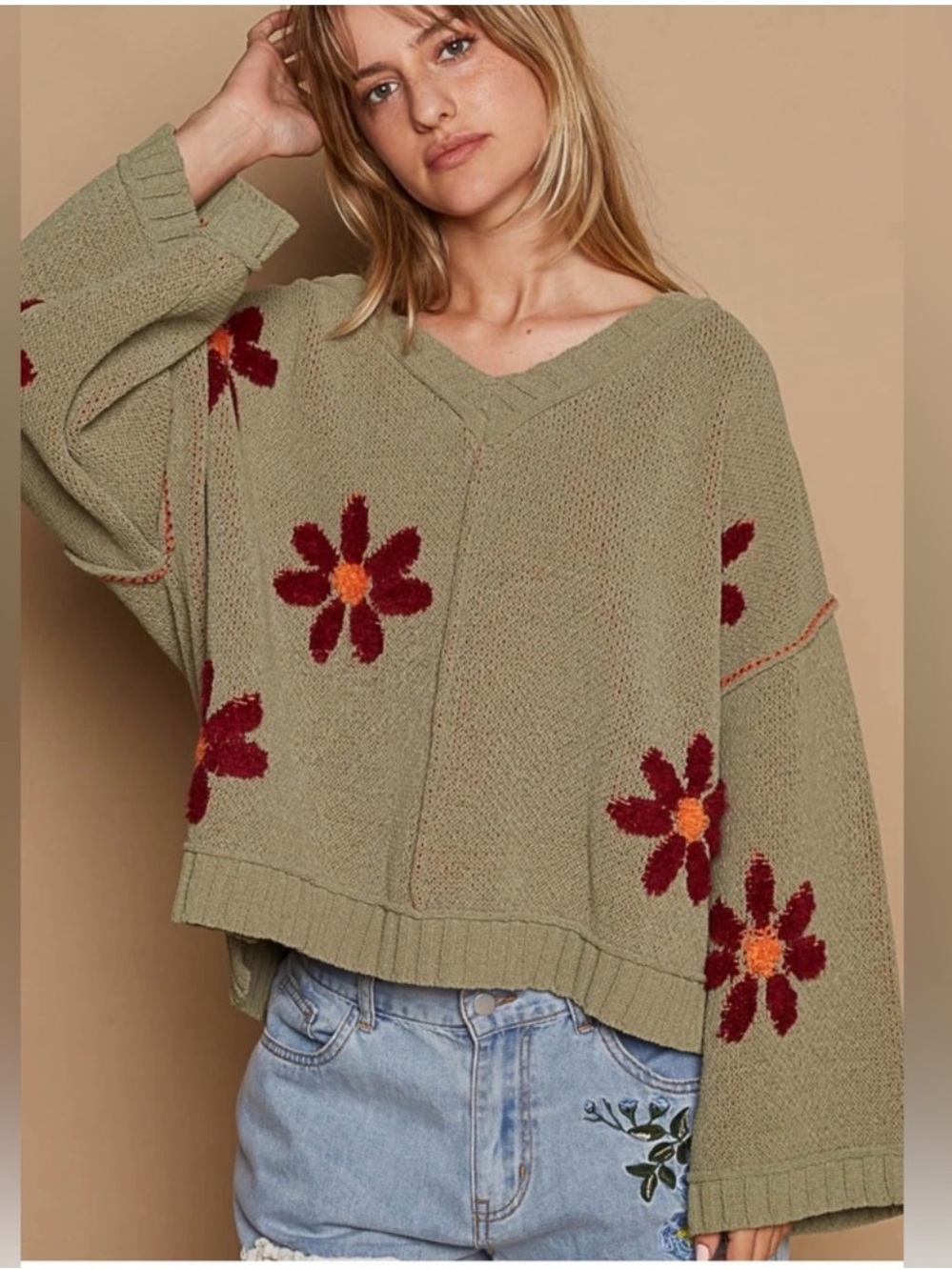 POL Oversized V-Neck Floral Embroidered Boho Sweater Size Small